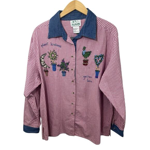 Quacker Factory Rose Red Gingham Button Shirt Denim Plants 1X Spring Top Checks - Picture 1 of 8